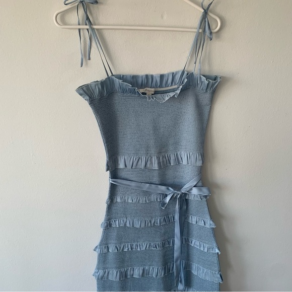 V. Chapman Lily Smocked Ruffle Tiered Fitted Midi Dress Baby Cashmere Blue - Picture 9 of 15